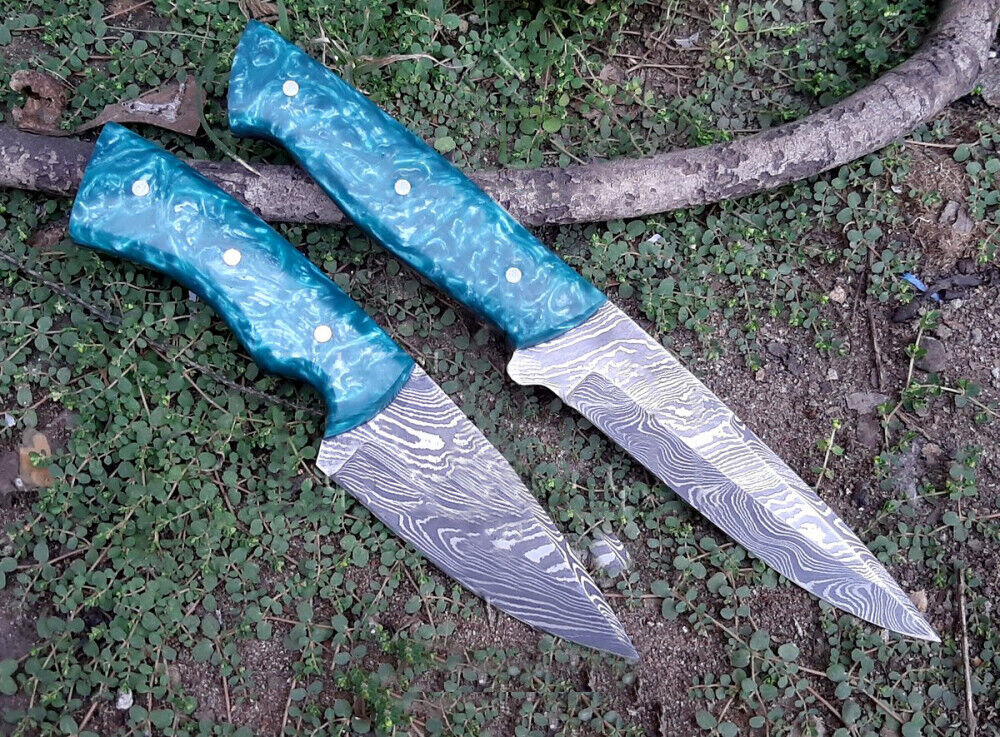  Custom Handmade Damascus Steel Pair Of 2 Hunting Knife With Lather Sheath  
