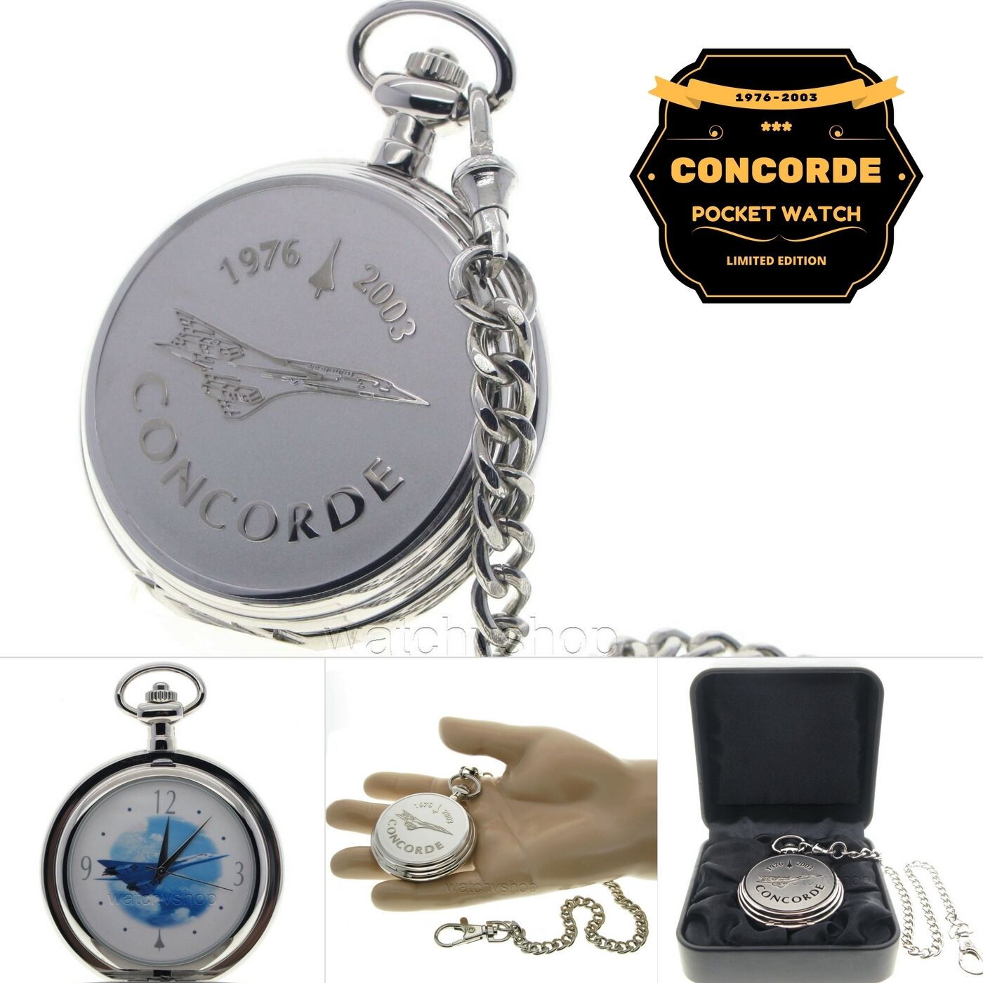 Pocket Watch Silver CONCORDE Memorial Men Gift Big 53 MM Case + Fob Chain C63