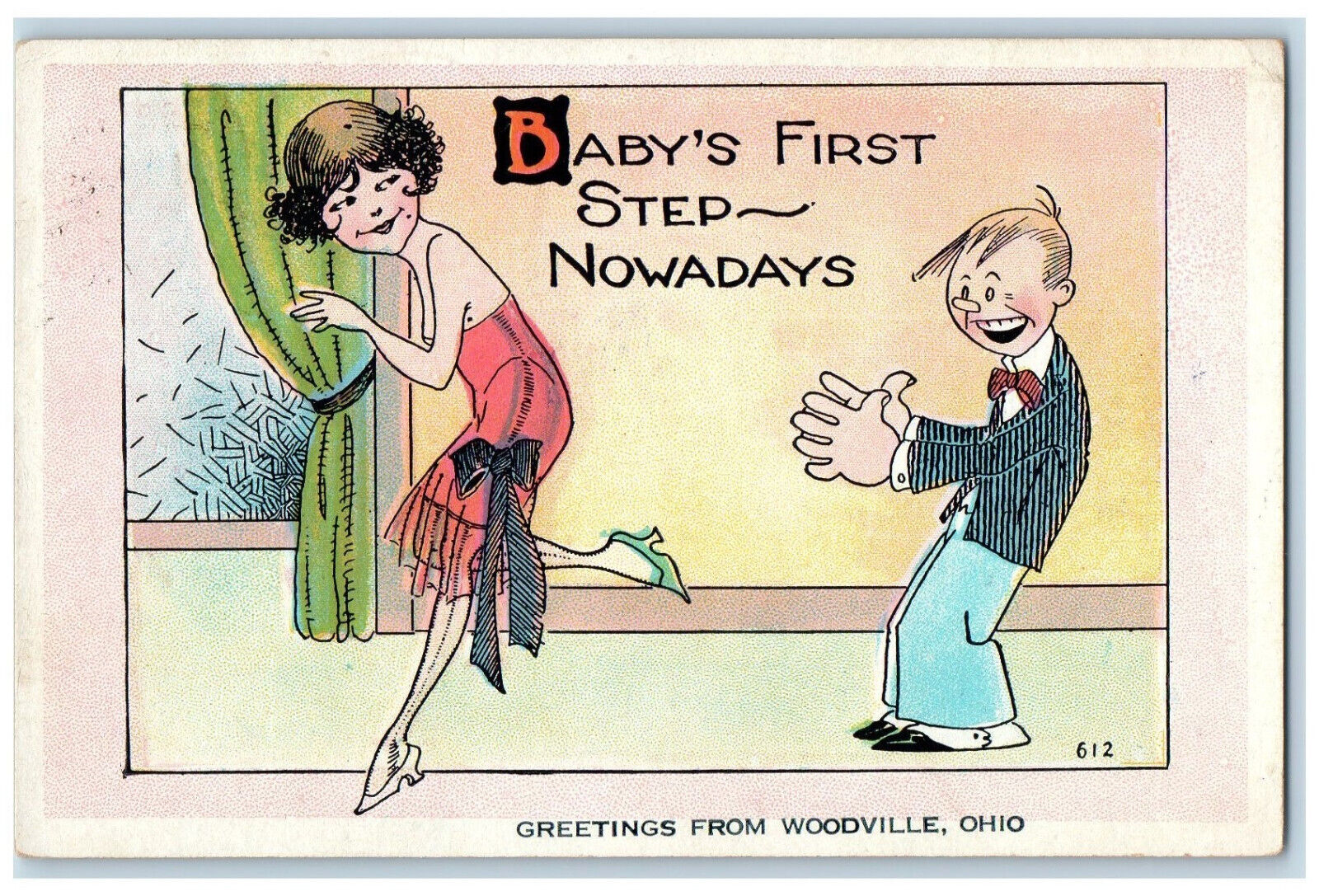 1929 Greetings From Woodville Ohio OH, Baby's First Step Nowadays Humor Postcard