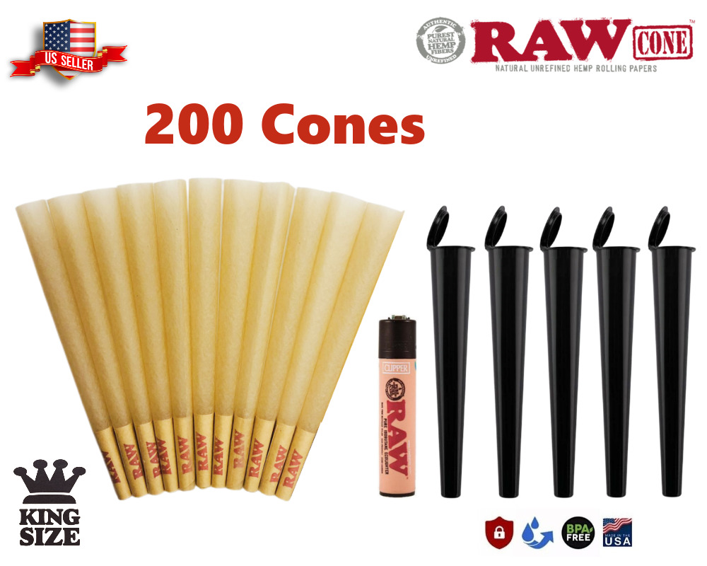 RAW Classic King Size Pre-Rolled Cones 200 Pack & Clipper Lighter & 5 Black Tube