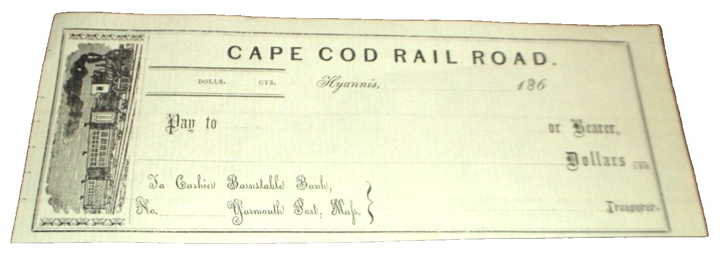 1860's CAPE COD RAILROAD PRE-NEW HAVEN UNUSED COMPANY CHECK