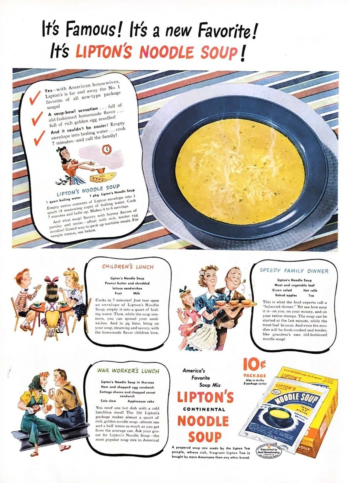 1944 Lipton\'s Noodle Soup Vintage Print Ad WWII It\'s Famous It\'s A New Favorite 