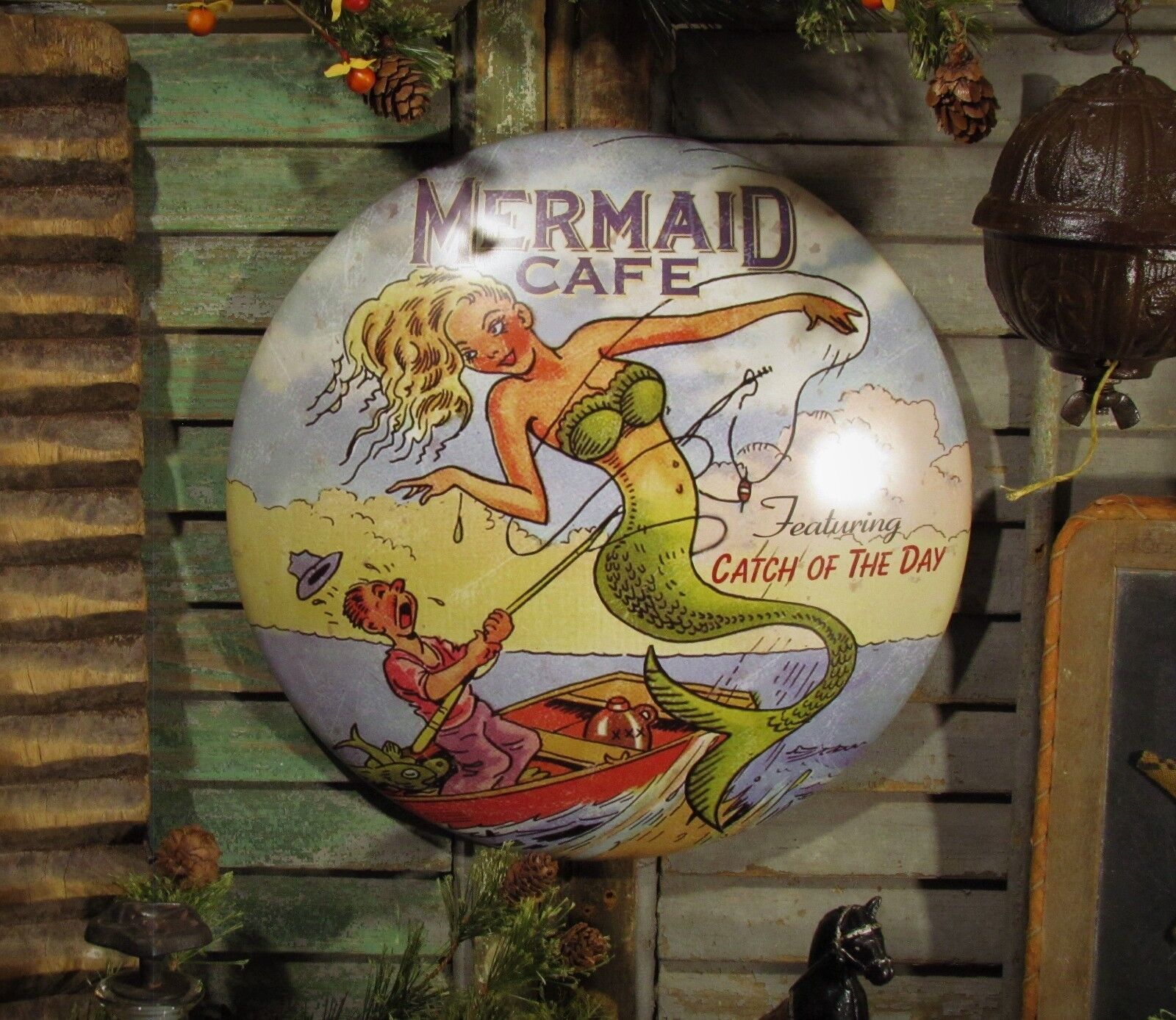 Primitive Mermaid Sea Food Cafe Dome Man Cave Office Garage Metal Tin Sign CD