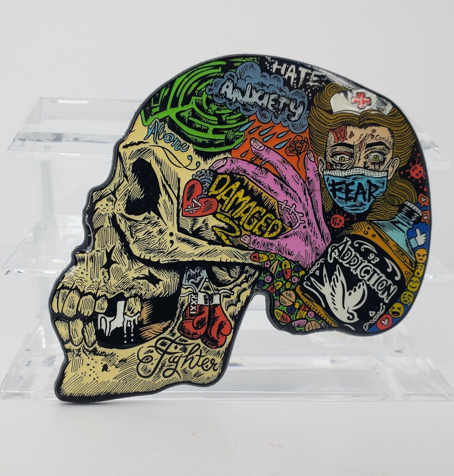 Little Sams Art Mental Health Skull Limited Edition Pin Very Rare Nice Glow