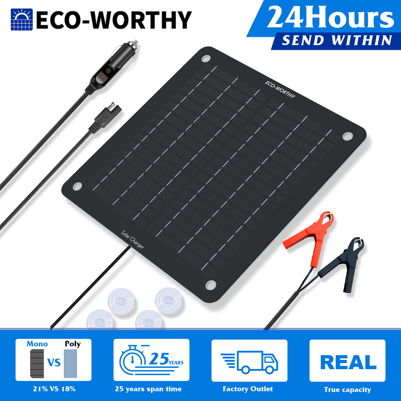 ECO-WORTHY 5W 12V Mono Solar Panel Battery Trickle Charger Kit Maintainer Car RV