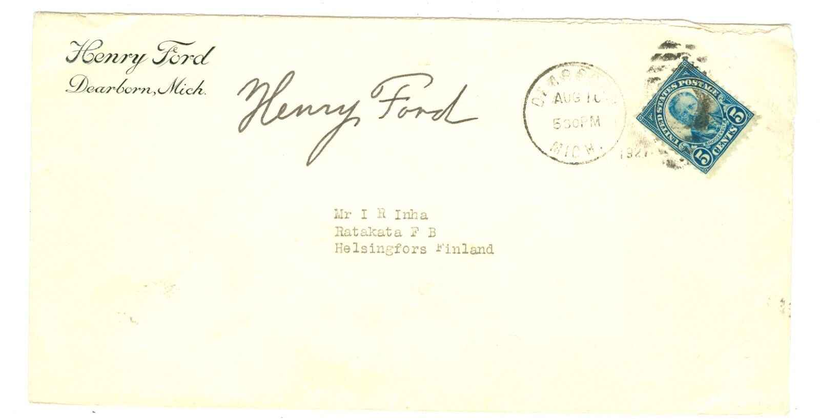 SCARCE 1930 HENRY FORD SIGNED ENVELOPE,  AUTOGRAPH