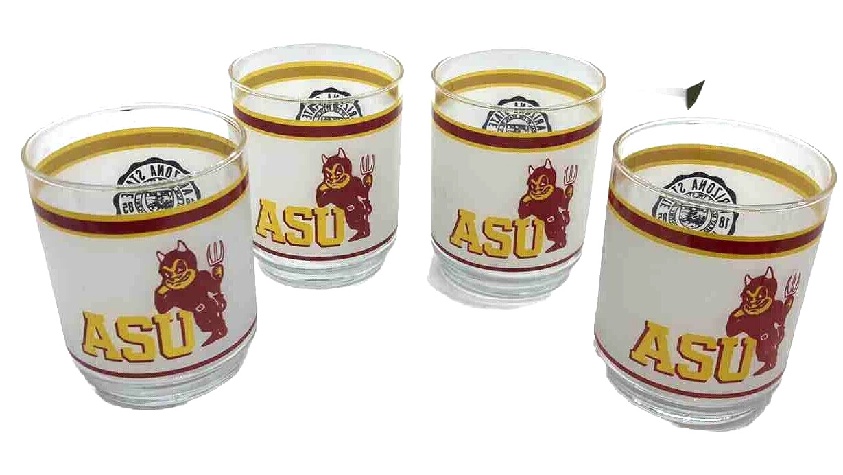 4 Vintage ASU Arizona State Sun Devils MOBIL Oil Drink Glasses Frosted