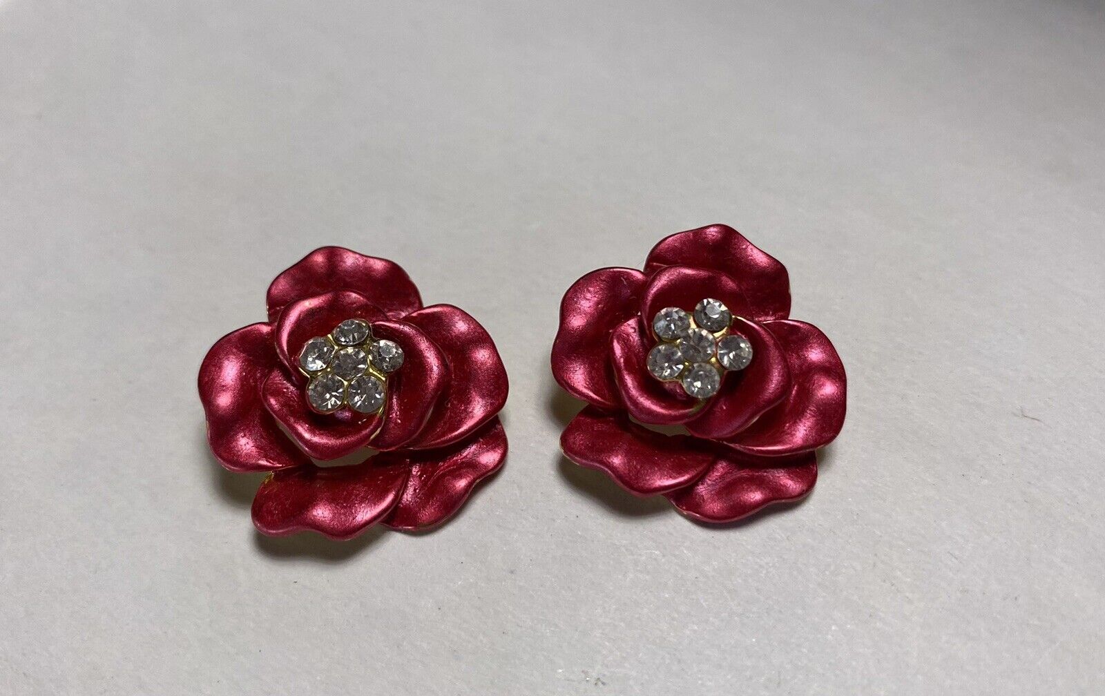 Vintage Pink Molded Metal Rhinestone Rose Buttons Set Of 2