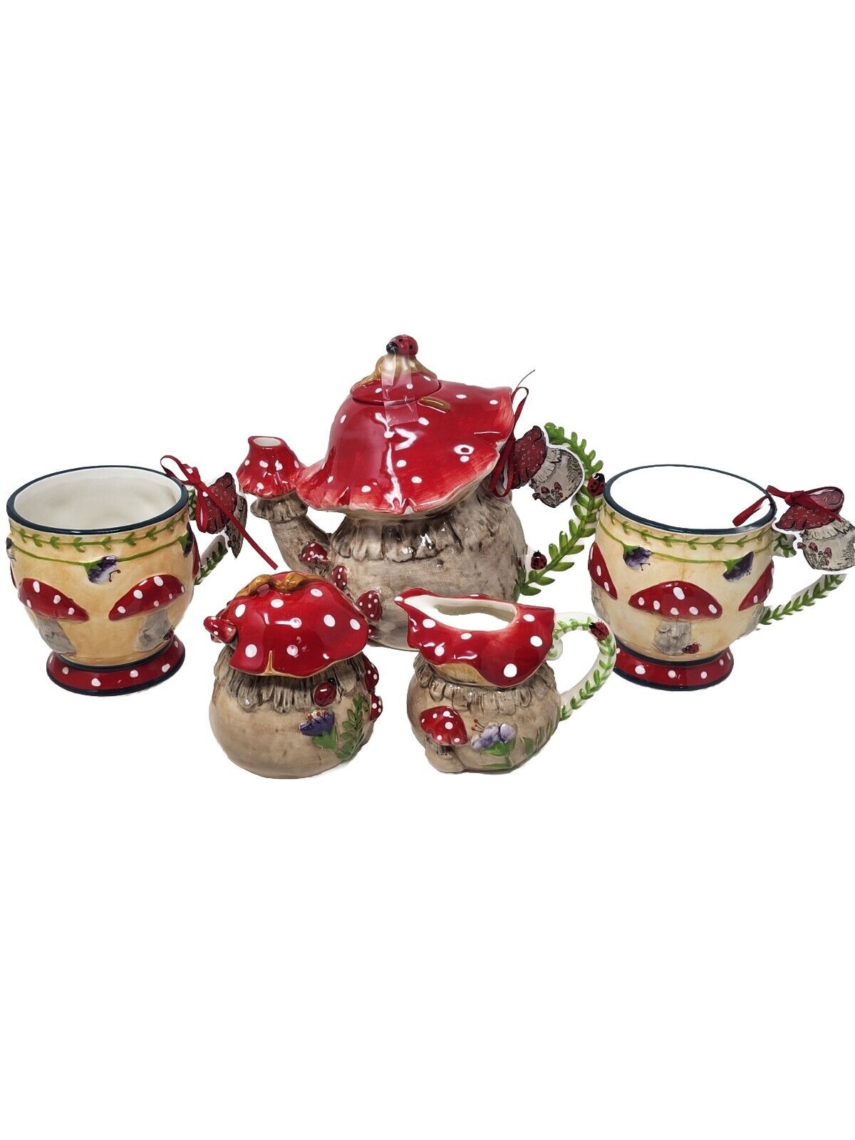 Blue Sky Clayworks Mushroom & Ladybug Teapot Sugar Bowl,Creamer & Mugs New