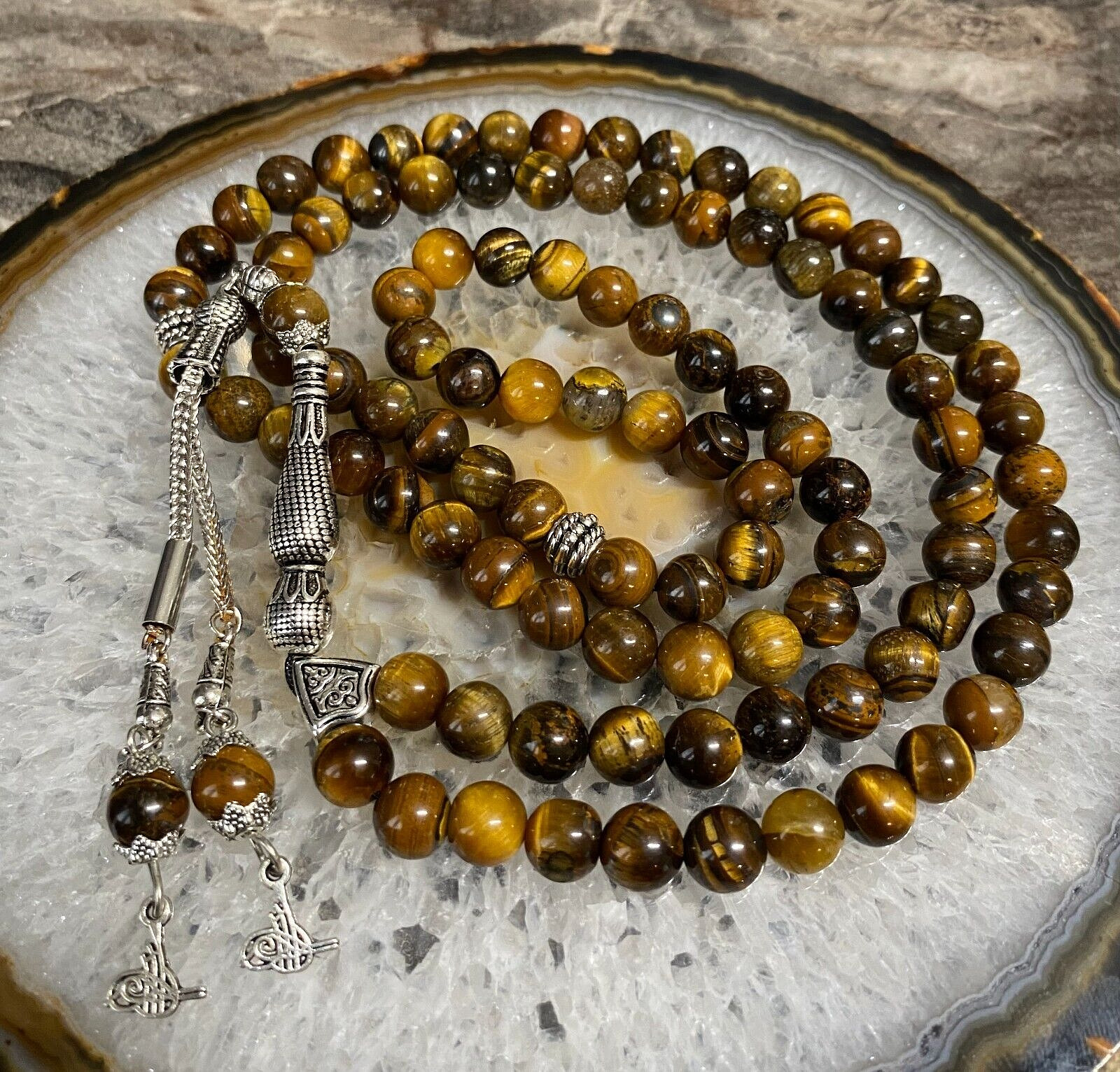 REAL Tiger's Eye Stone Islamic Prayer 99 beads, Tasbih, Misbaha, Tasbeeh 8mm BIG