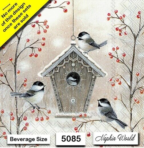 (5085) TWO Individual Paper BEVERAGE / COCKTAIL Decoupage Napkins - BIRD HOUSE 
