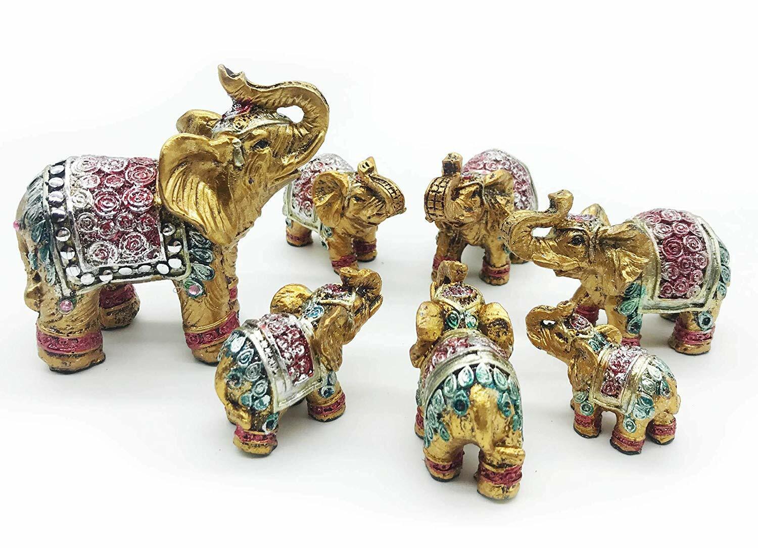 Set of 7 pcs Vintage Golden Indian Elephant Family Statues Wealth Lucky Figurine