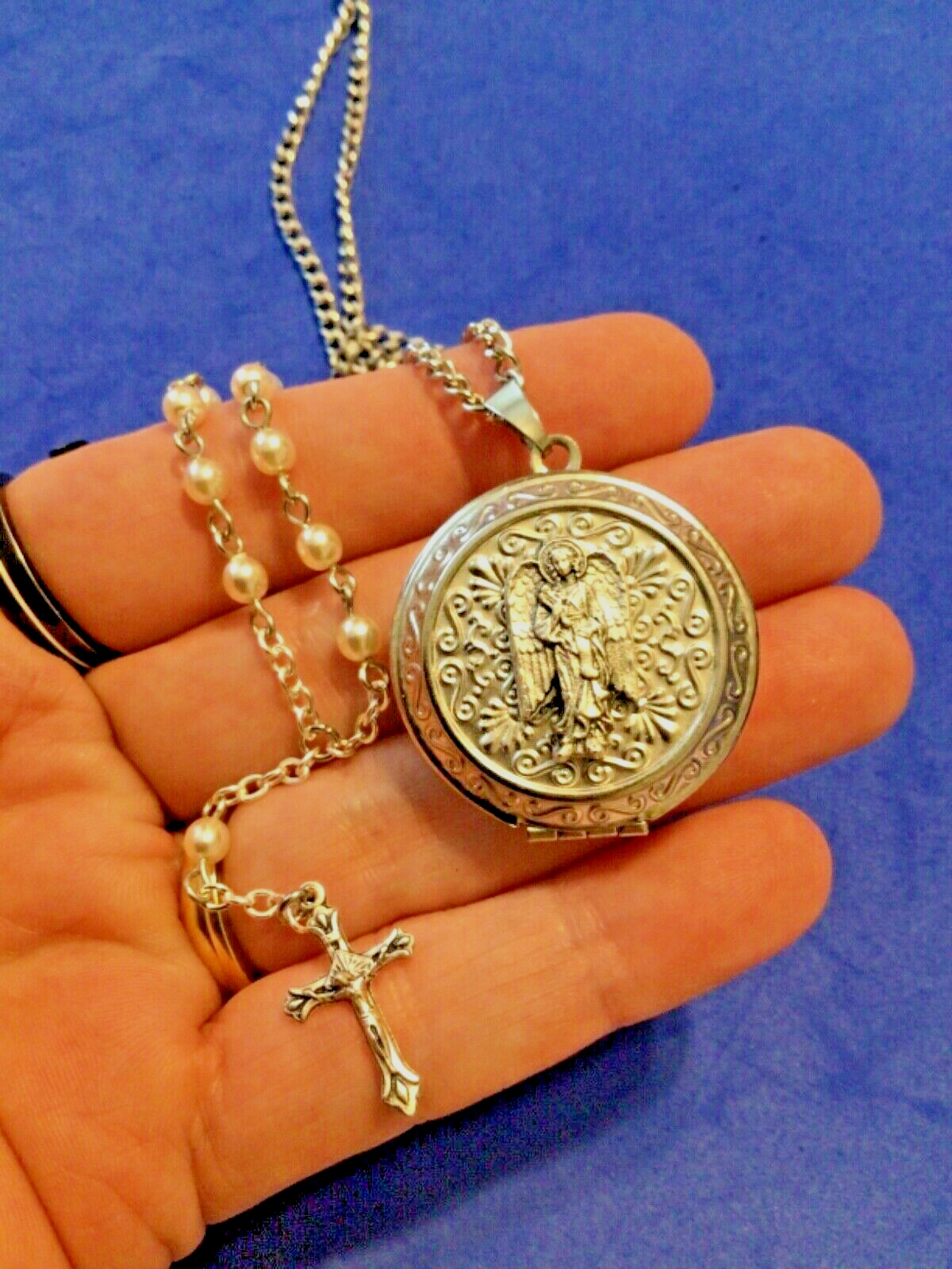 Handmade STAINLESS STEEL Archangel St GABRIEL Locket Necklace Rosary Saint 1-1/4