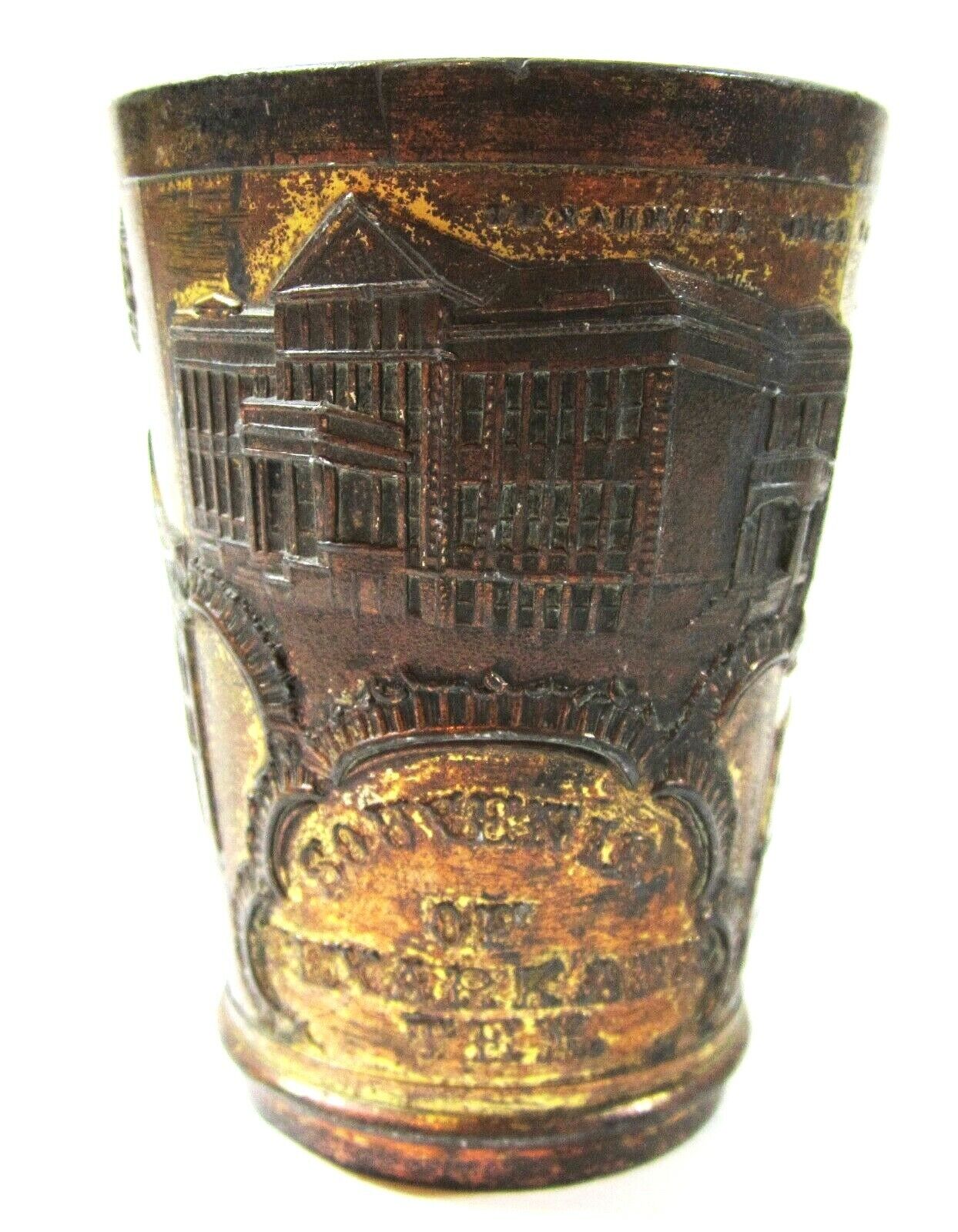 Vintage Texarkana TX Metal Souvenir Cup Foreman Building School Gilt Wash c 1910