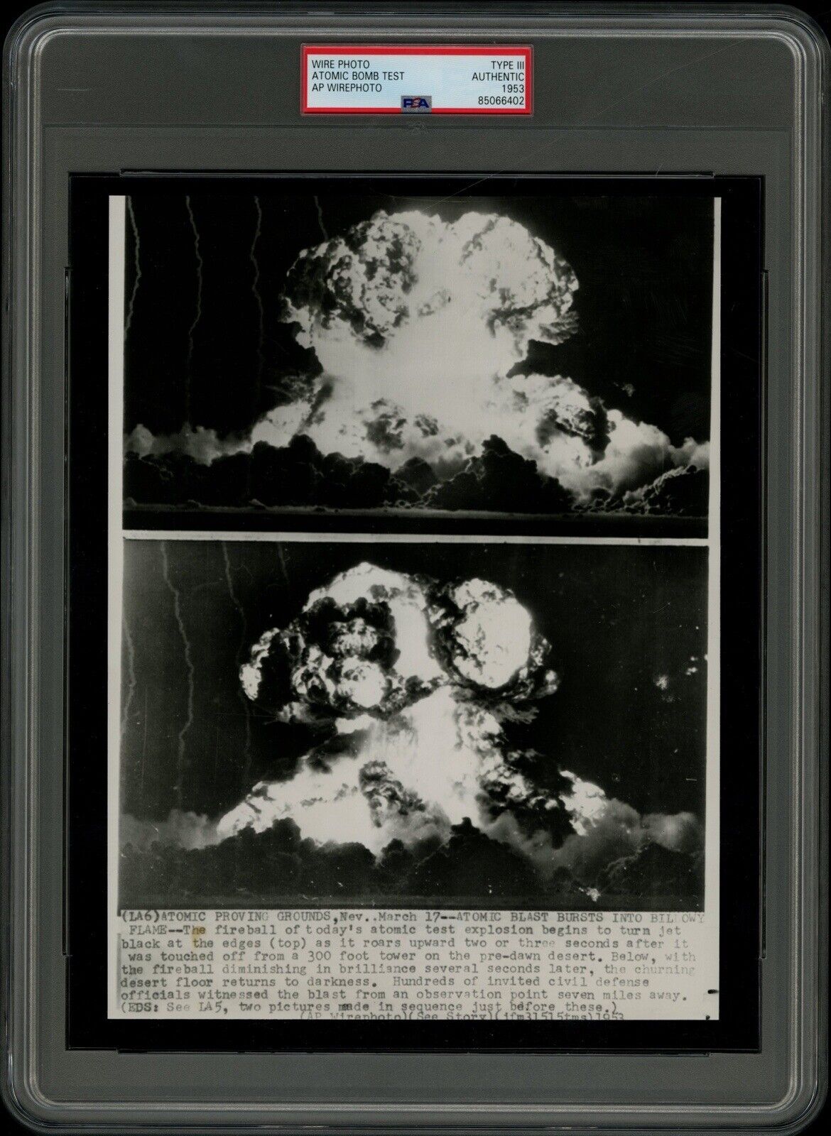 WIRE PHOTO 1953 “ATOMIC BOMB TEST” AP WIREPHOTO TYPE PSA/DNA AUTHENTIC RARE