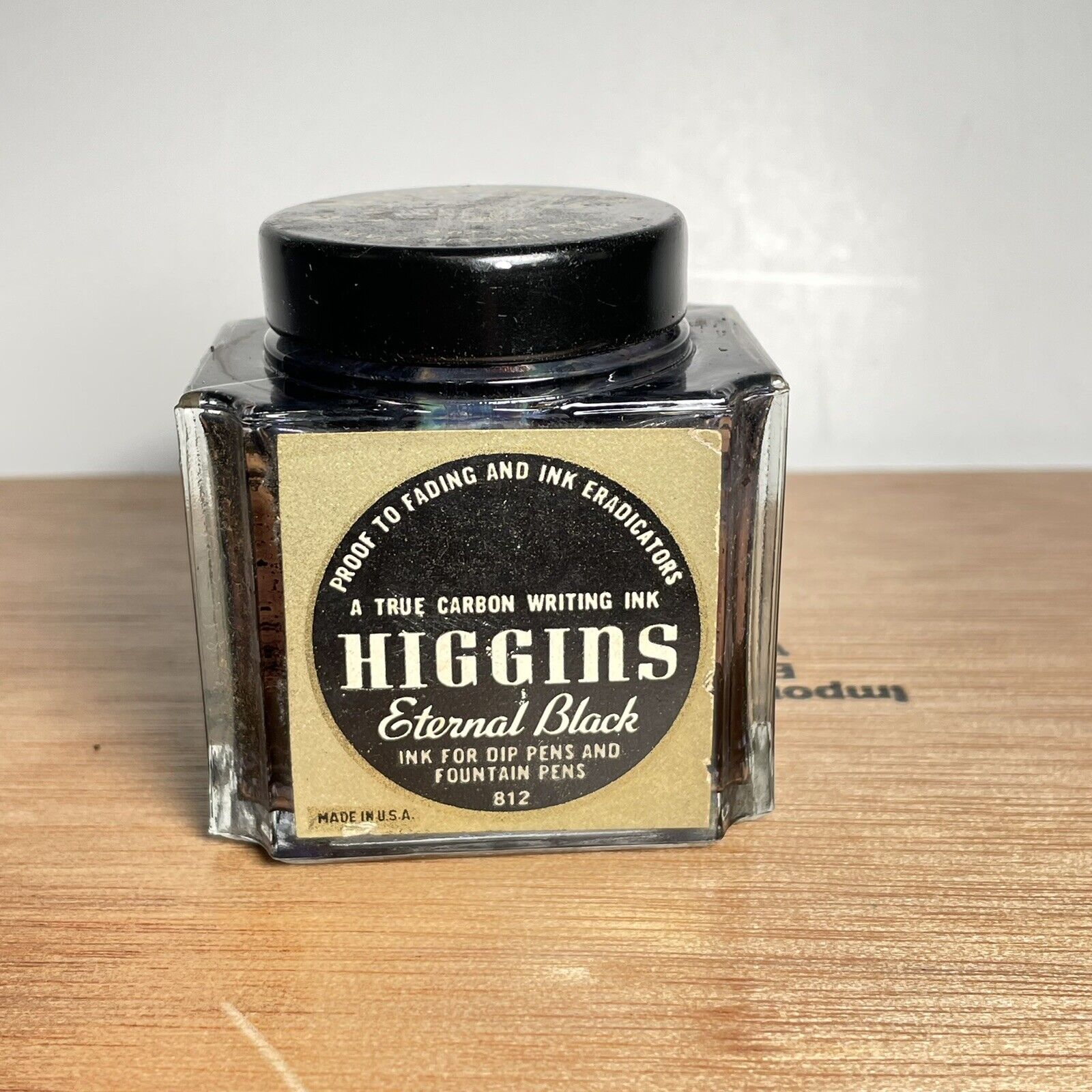 Vintage Higgins Eternal Black Empty Glass Ink Bottle Proof to Fading Eradicators