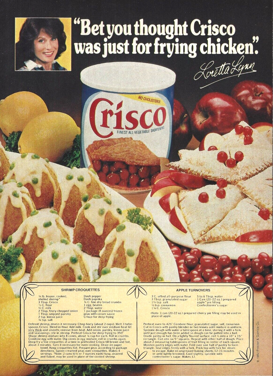 1983 Crisco Loretta Lynn Shrimp Croquettes Apple Turnovers vintage Print AD