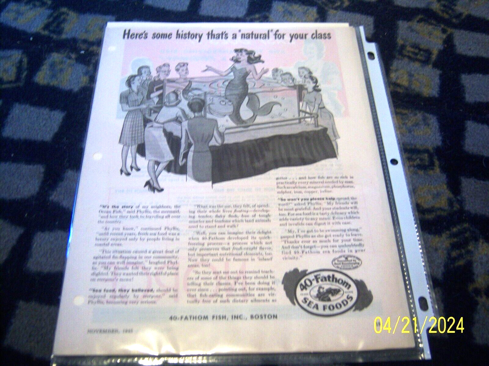 40-Fathom Fish Boston Sea Foods Mermaid Lady In Tank Clipping Print Ad 1945