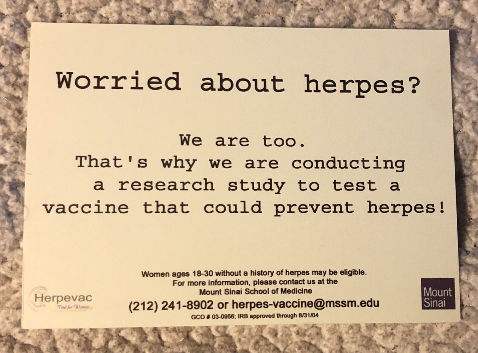 Postcard 2002 Herpes Vaccine Test Herpevac Mount Sinai School Of Medicine GoCard