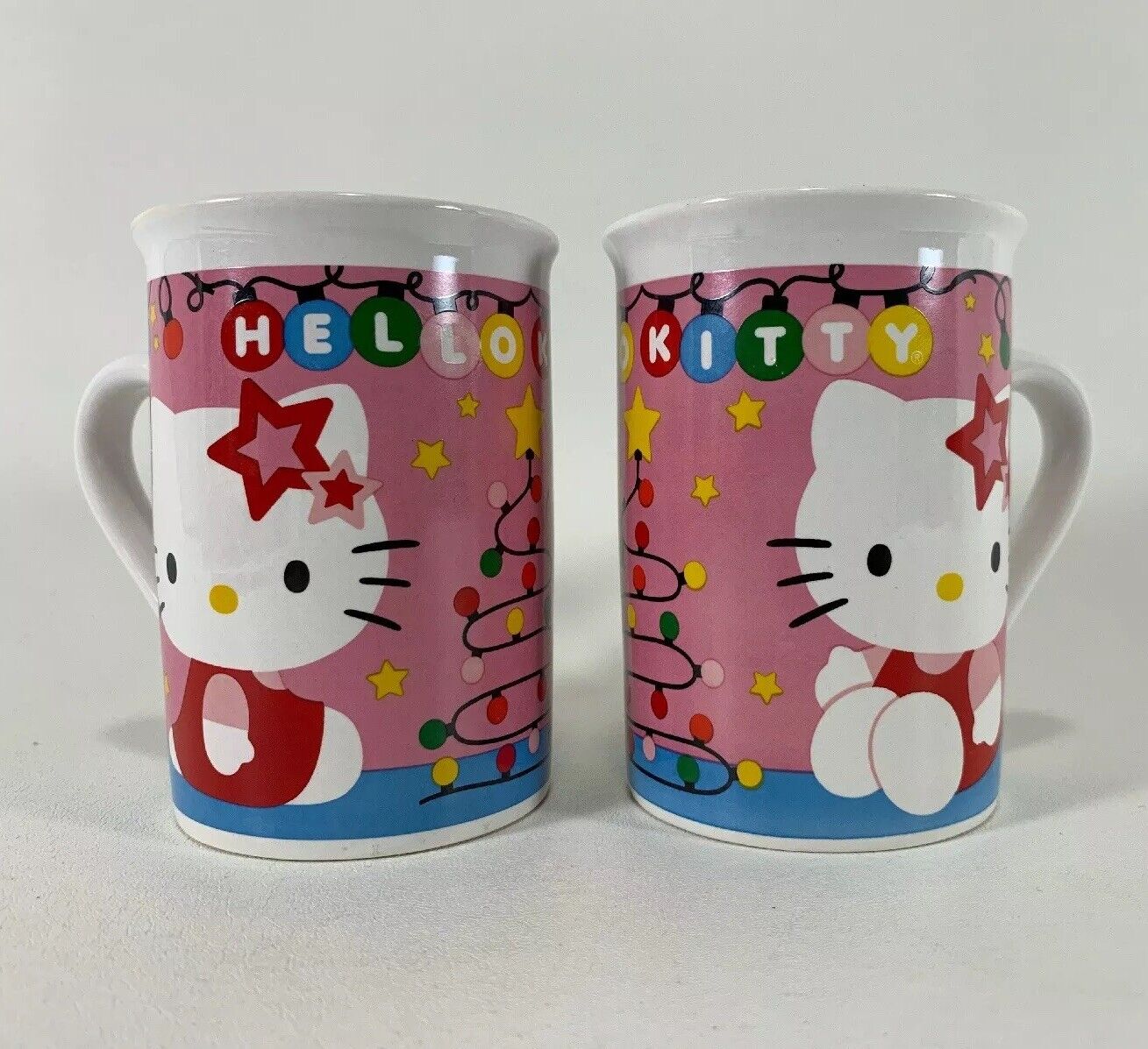 Pair Of Hello Kitty Christmas Tree Coffee Tea Mug Cups 4” Tall Pink