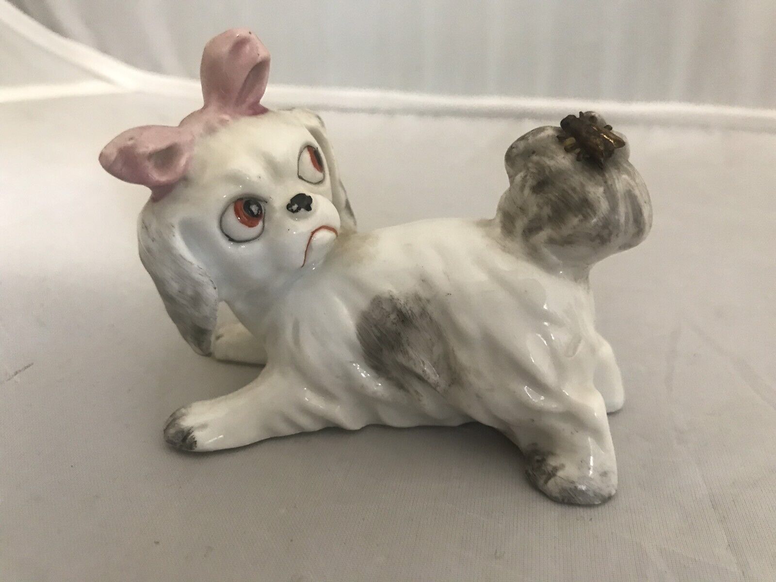 Miniature Bichon Dog With Fly On Tail Pink Bow In Hair Porcelain China