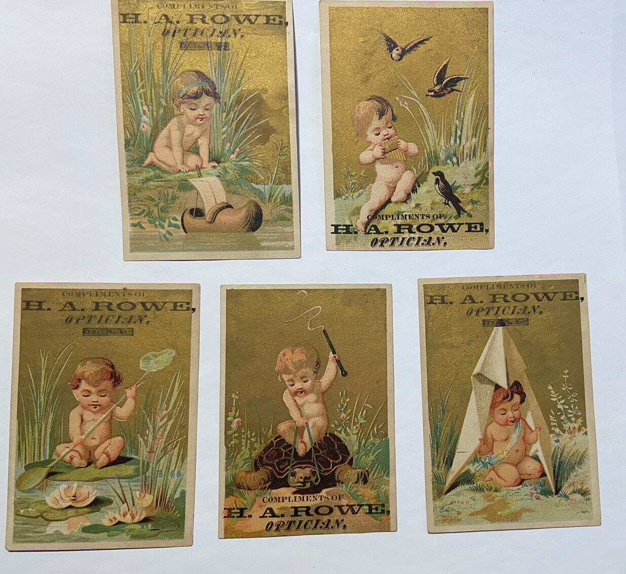 5 Victorian trade cards Troy NY Bare children outside playing c1880s Jeweler A68