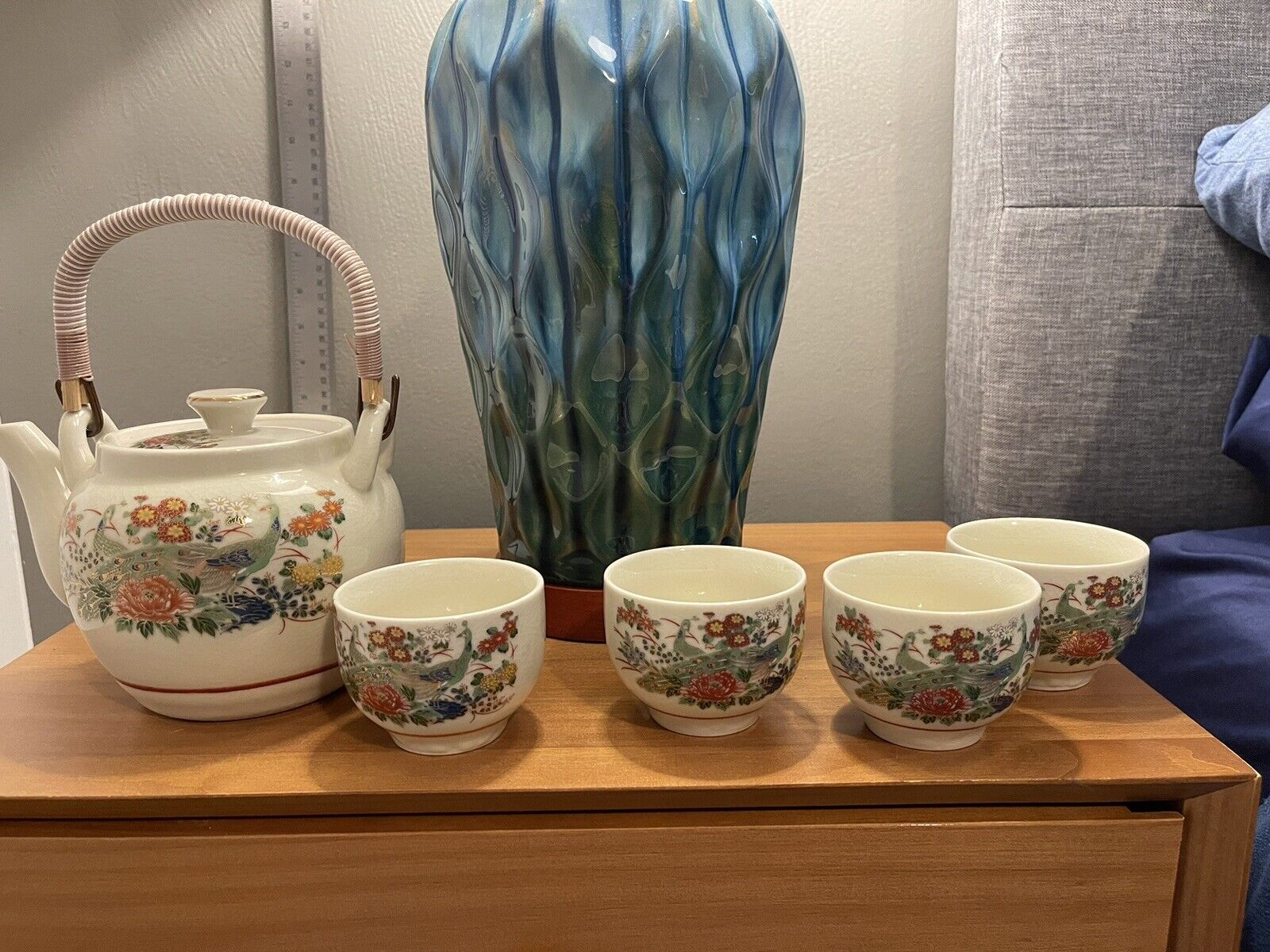 Vintage Crackle Glaze Japanese Peacock Lotus Tea Set