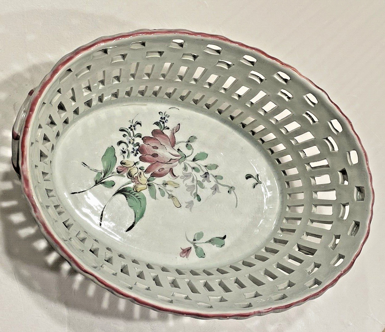 K&G Luneville France Reticulated Porcelain Oval Basket ~Antique EXCELLENT