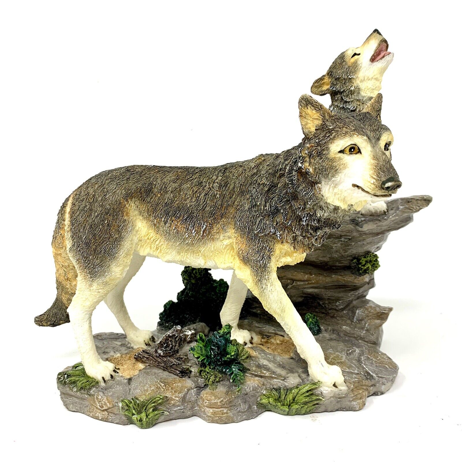 Vintage Wildlife Howling Wolf Pup On Rock Ledge With Mother Wolf 7” Sculpture 