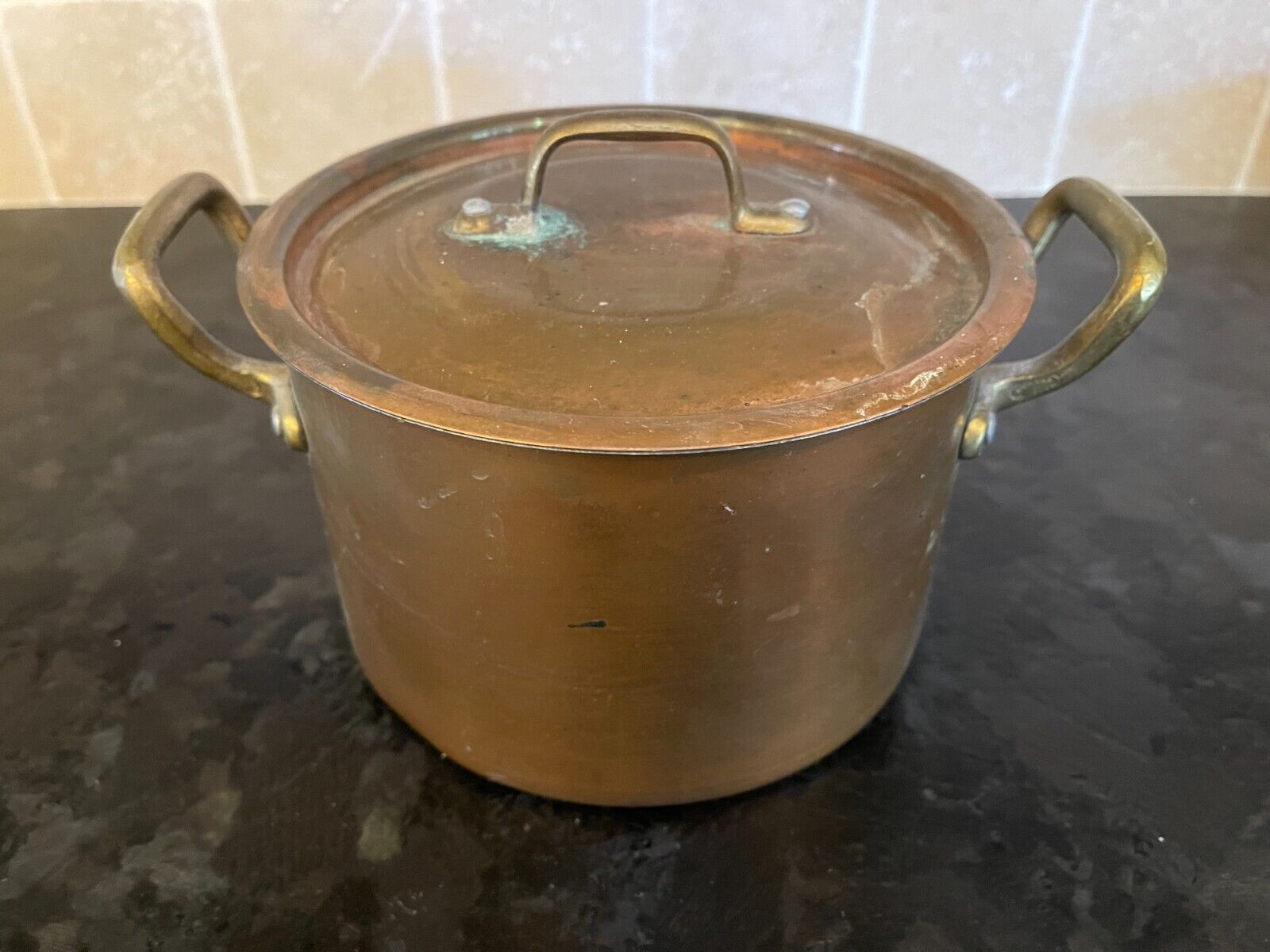 Small Vintage Copper Pot with 2 Brass Handles and Lid