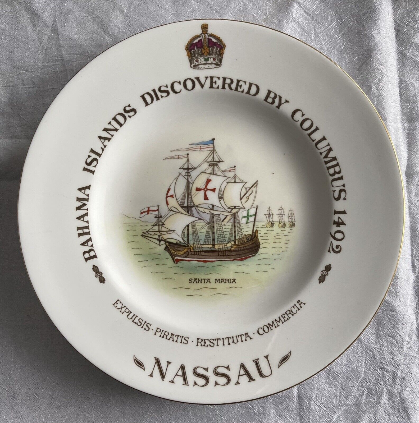 Royal Crown Derby Plate Bahama Islands Discovered by Columbus Nassau Santa Maria