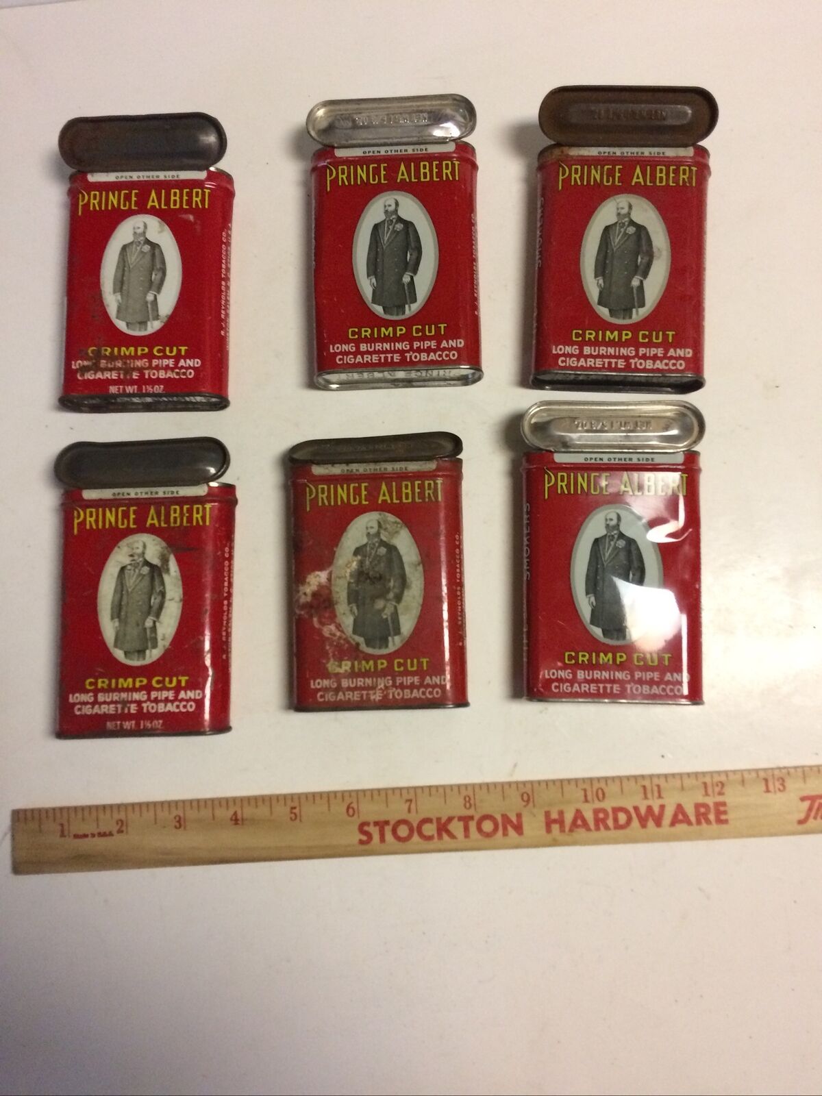 Vintage Empty Prince Albert Tins Lot of 6, Crimp Cut, Hinge Tops, Display Pieces