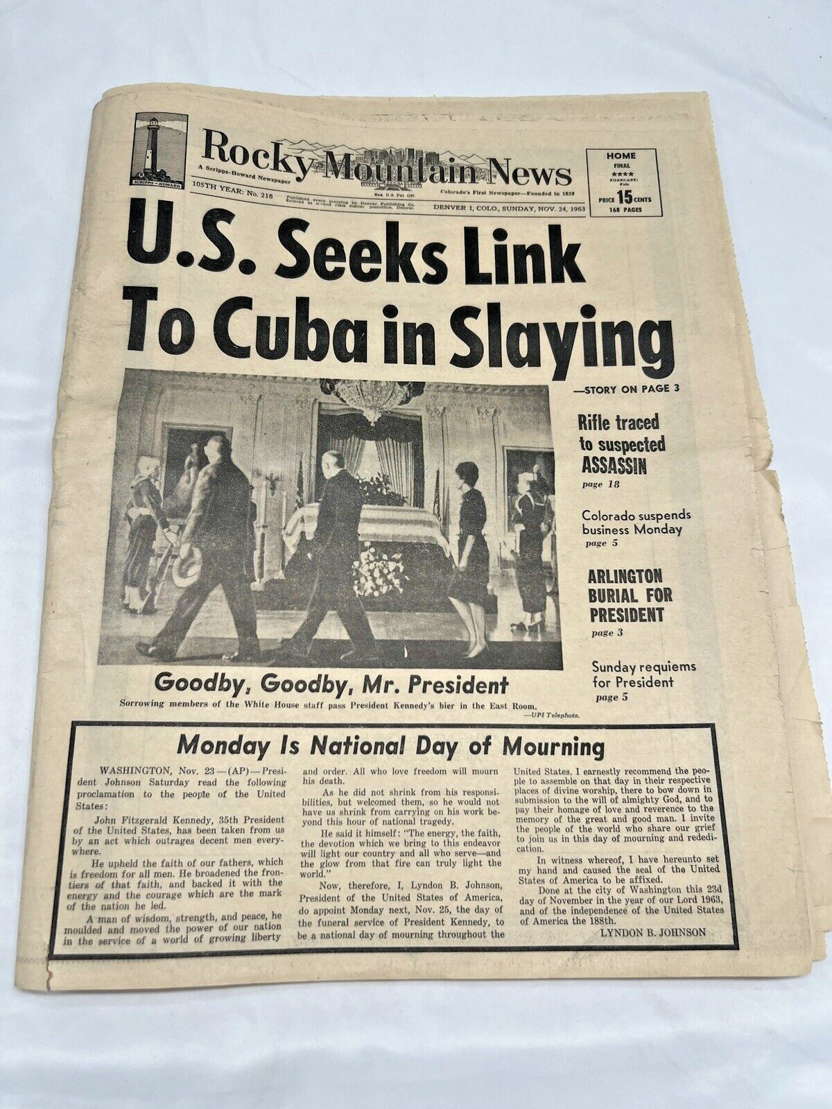 Rocky Mountain News U.S. SEEKS LINK TO CUBA IN SLAYING Nov 24 1963 Kennedy Death
