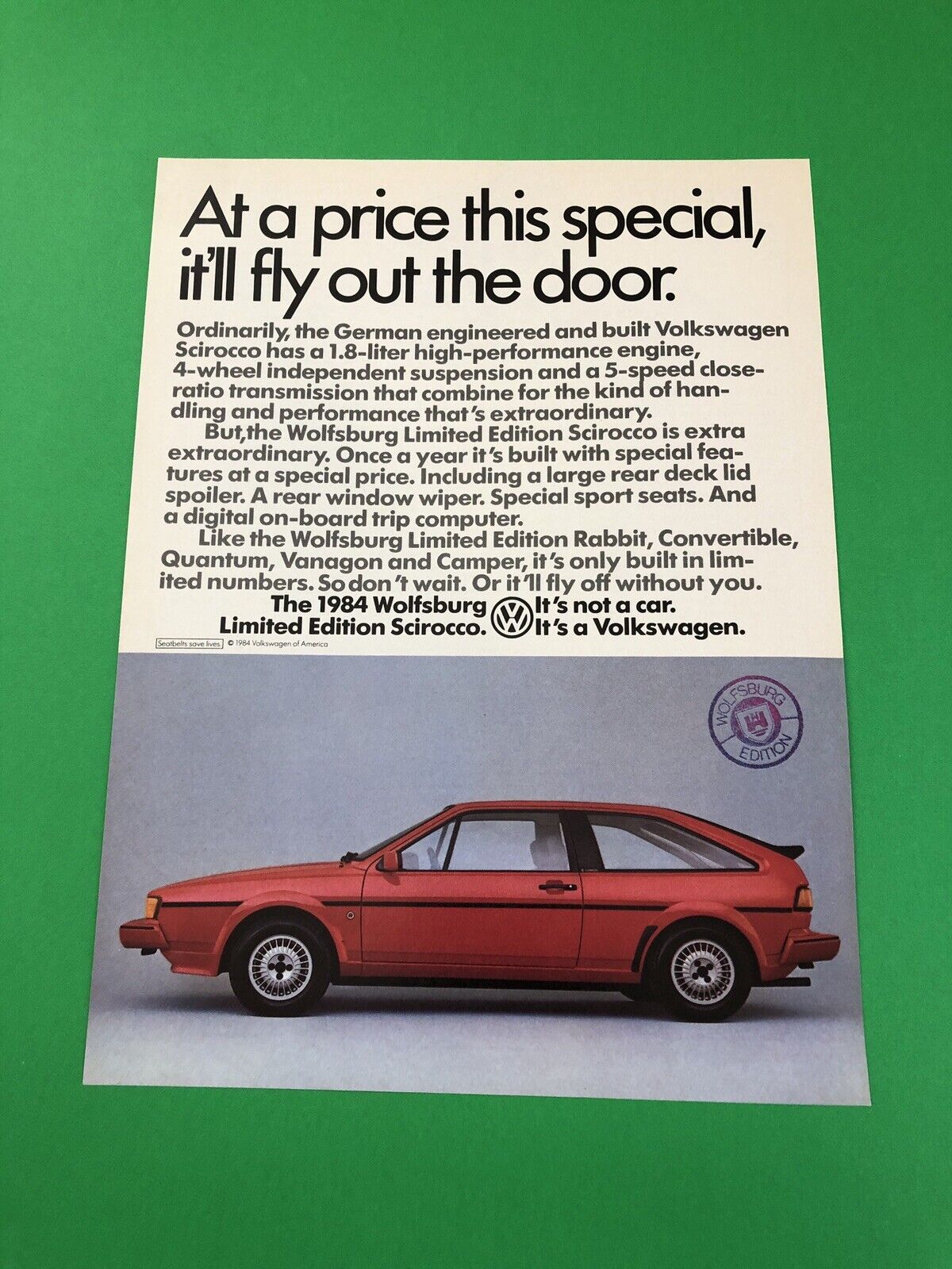 1984 VOLKSWAGEN SCIROCCO VW VINTAGE ORIGINAL PRINT AD ADVERTISEMENT