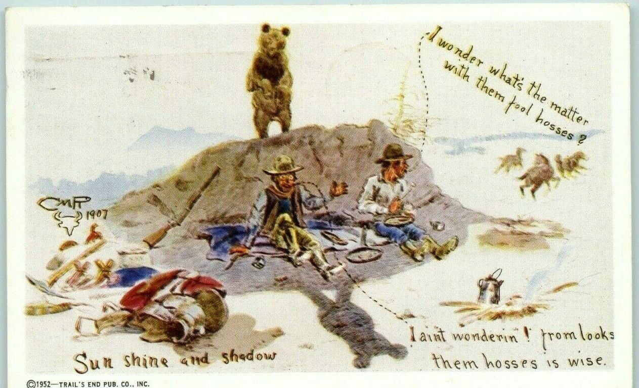 Bear on Hill horses running away cartoon art 1968 Charles M Russell postcard 