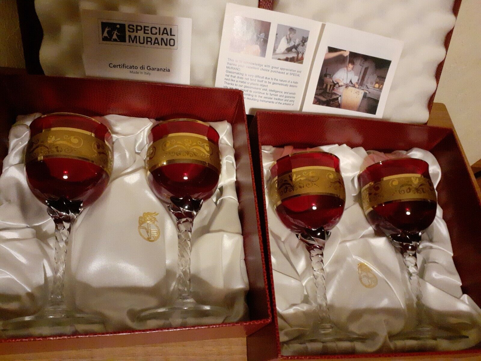 Vintage Murano Red and Gold Wine Glasses x4 in two original boxes.