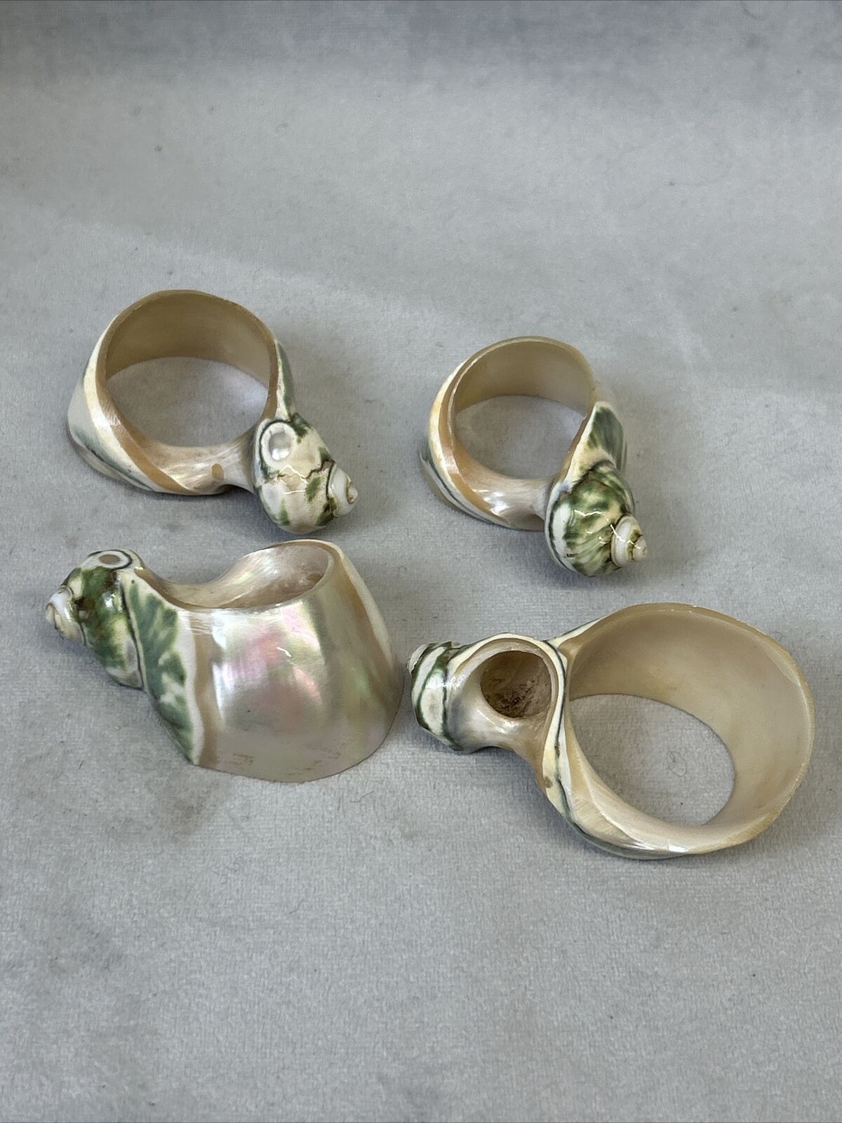 Mother of Pearl Carved Napkin Rings Set of 4 Sea Shells Beach Green Iridescent