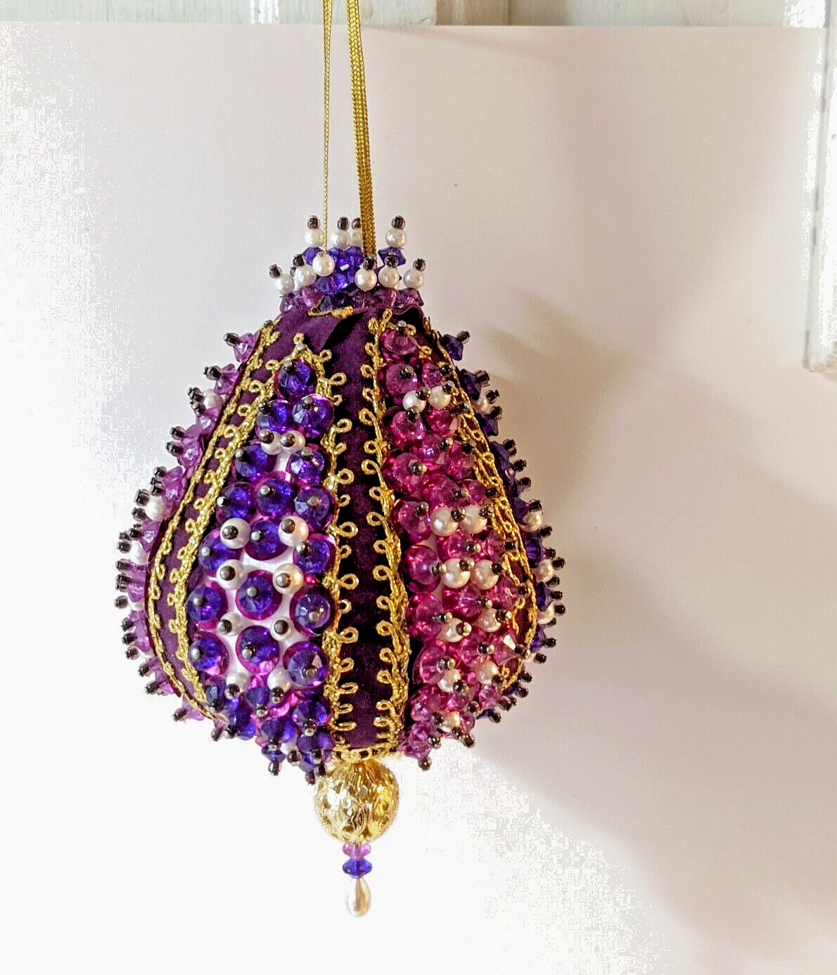 Handmade push pin beaded satin ornament purple amethyst gold  heavy embellished