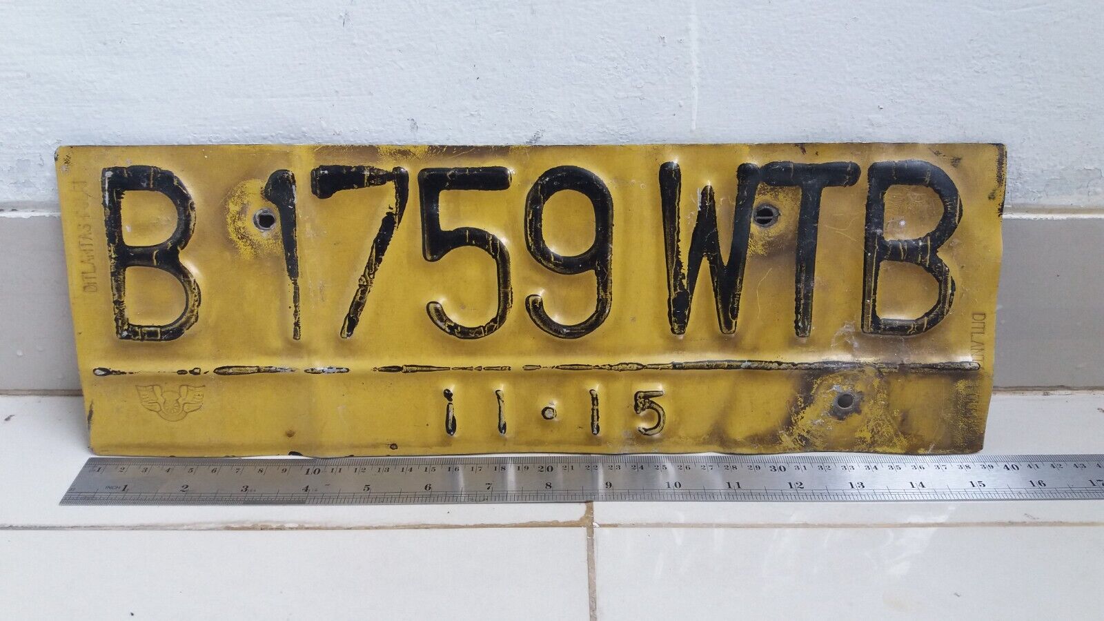 1 Pc Used Original Collectible License Car Plate B 1759 WTB Indonesia 2015