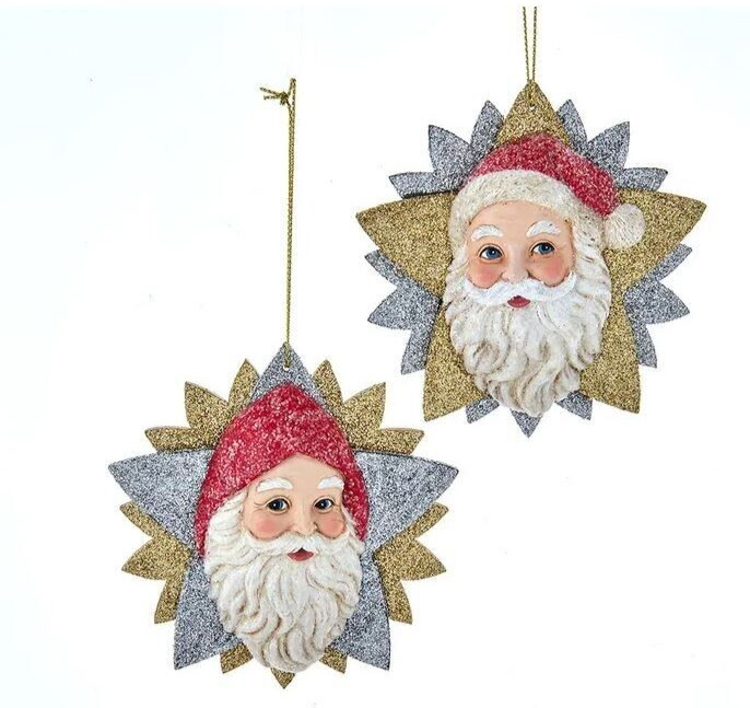 Set2 Kurt Adler Glitter German Santa Head Ornament Retro Vntg Christmas Decor