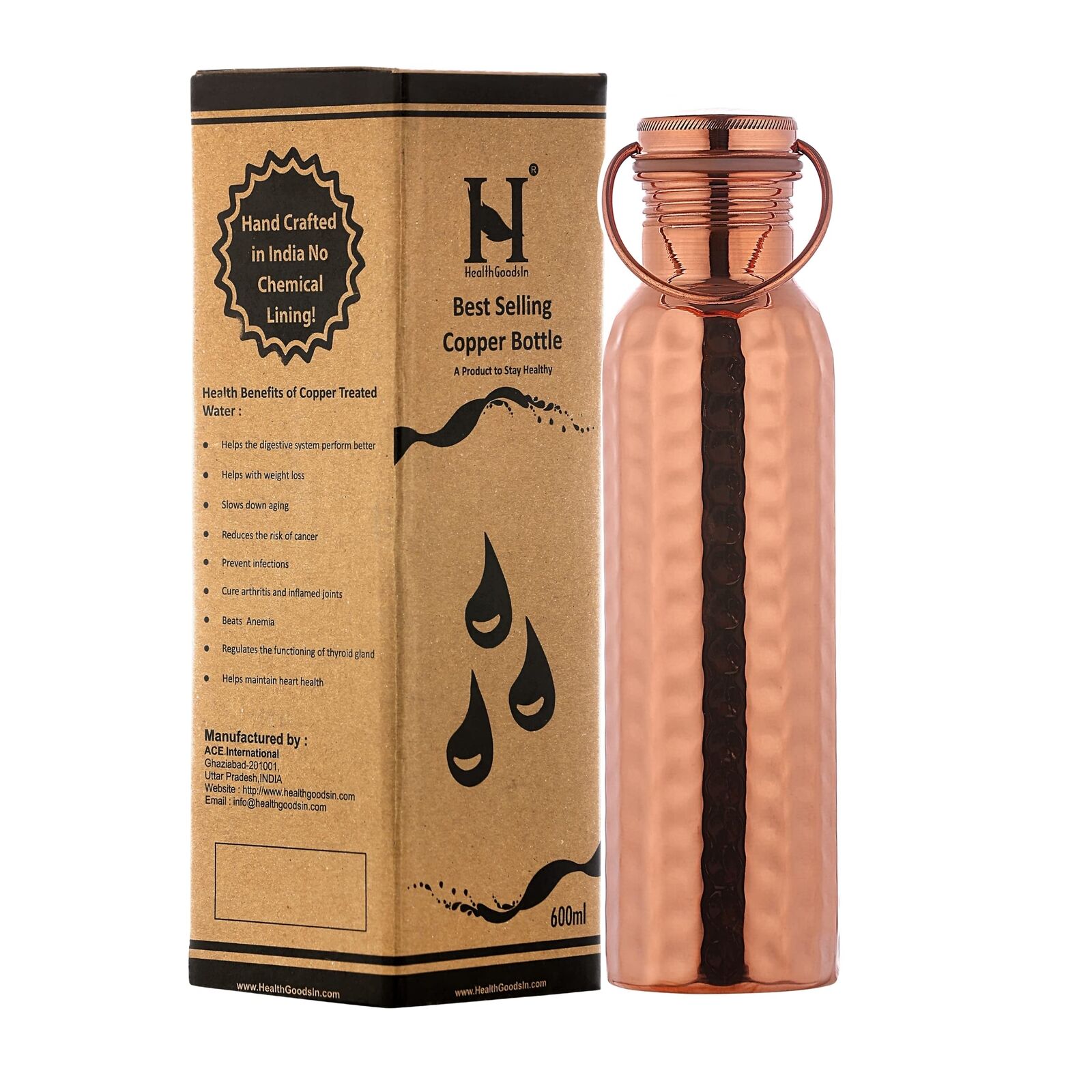 HealthGoodsIn - Pure Copper Hammered Water Bottle with Carrying Handle 1000 ML |