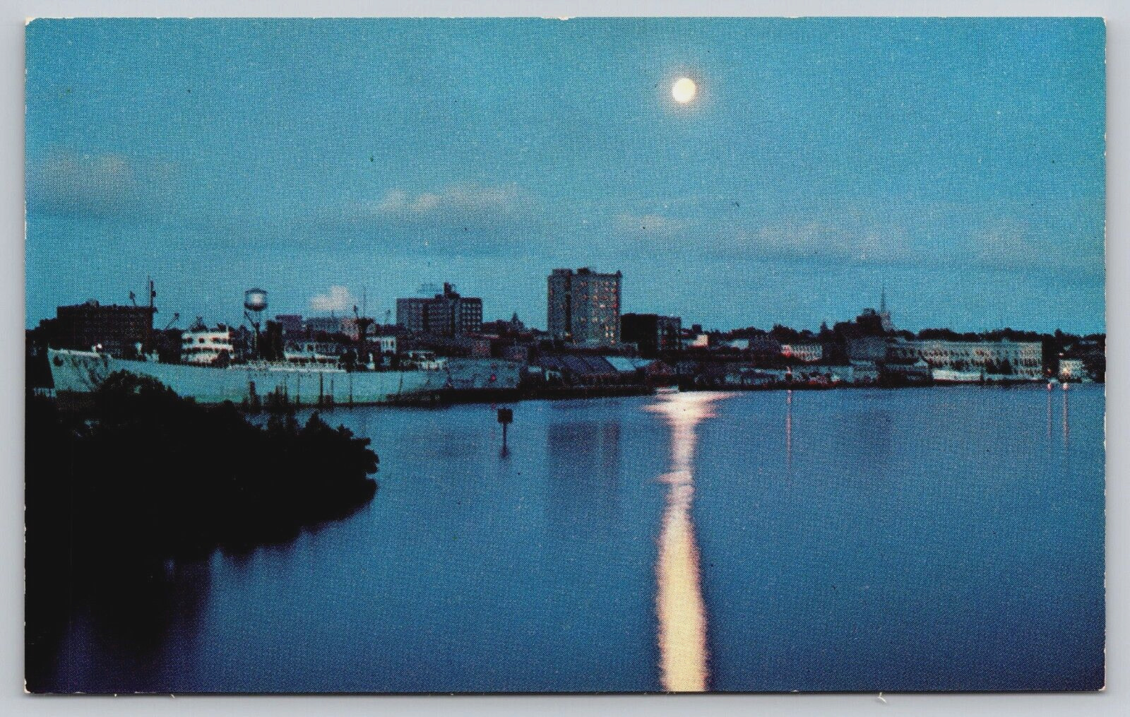 Moonlight Over Wilmington North Carolina NC Waterfront Port Harbor Postcard C12