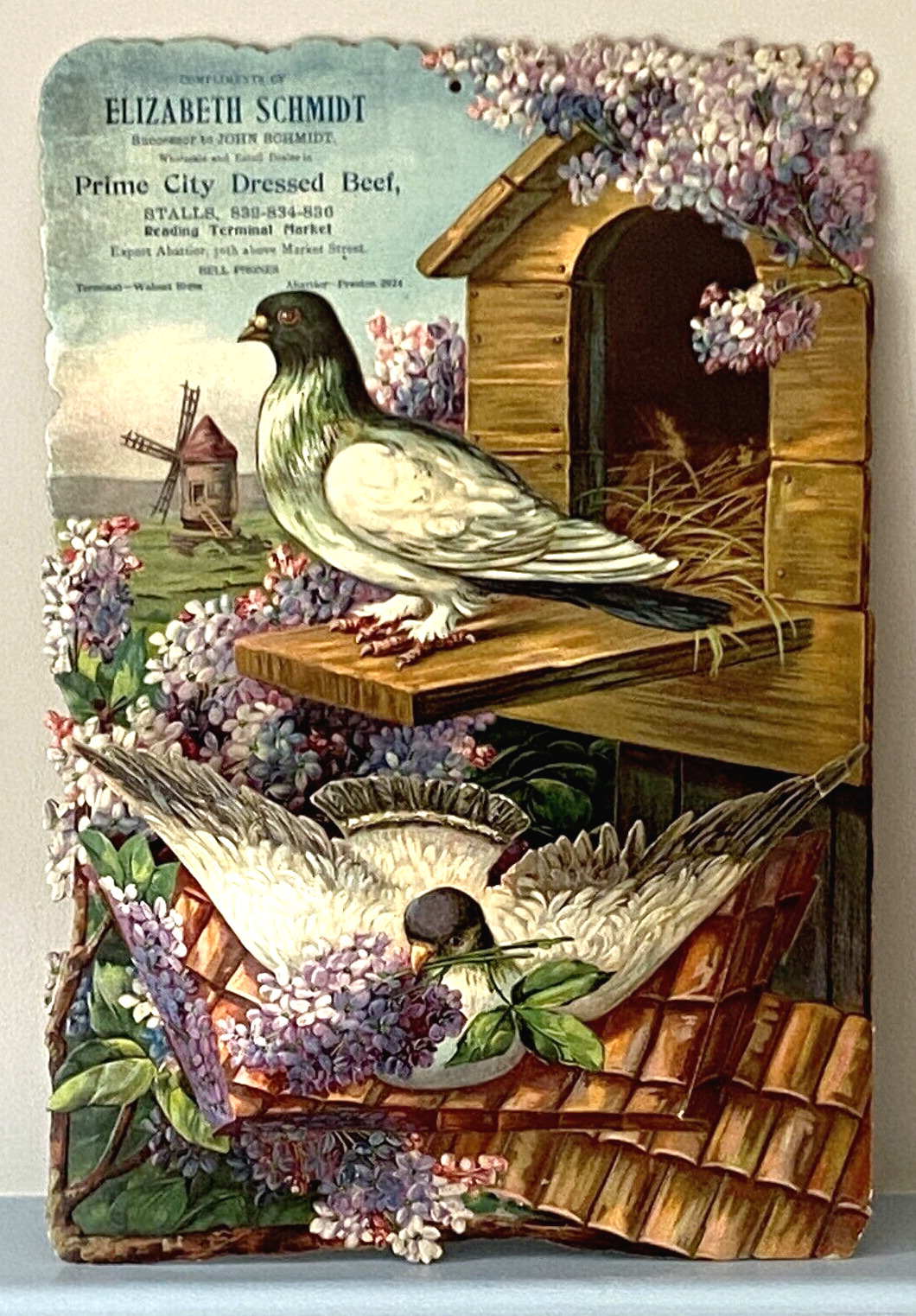 1880s Large Victorian Die Cut Sign Embossed 3-D Advertising Birds Beef STUNNING