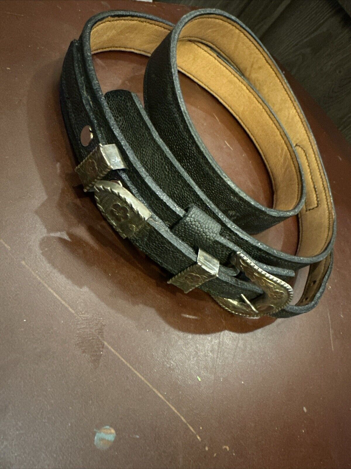 Vintage Complete 4 Piece Sterling Silver Ranger Belt Buckle Set & Leather Belt