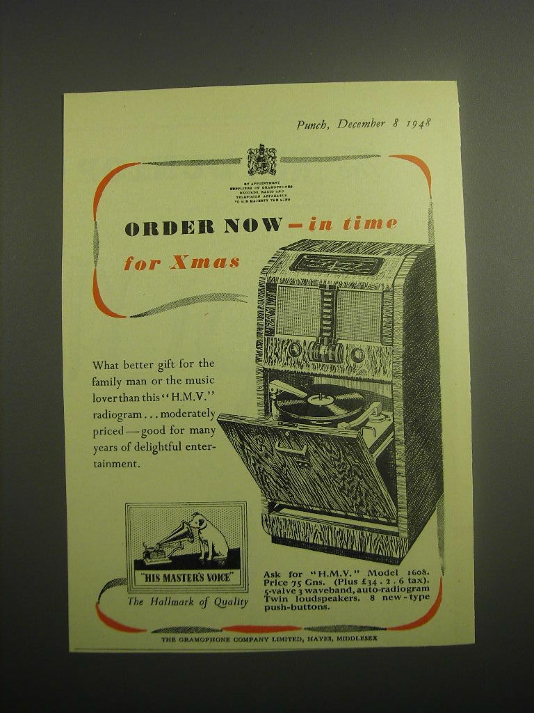 1948 H.M.V. Model 1608 Radiogram Ad - Order now - in time for Xmas