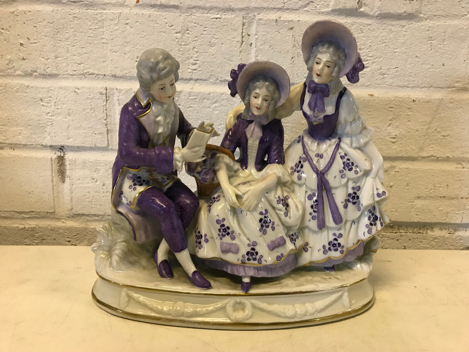 Antique German Ernst Bohne Porcelain Figurine Man & 2 Women Purple Flowers Dec.