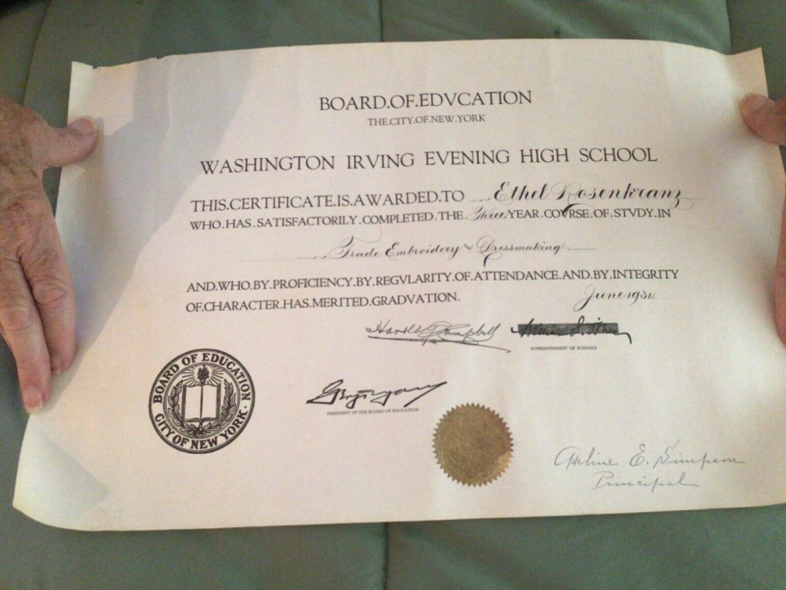 Depression Era Trade Certificates Washington Irving Evening High School 1934 NY