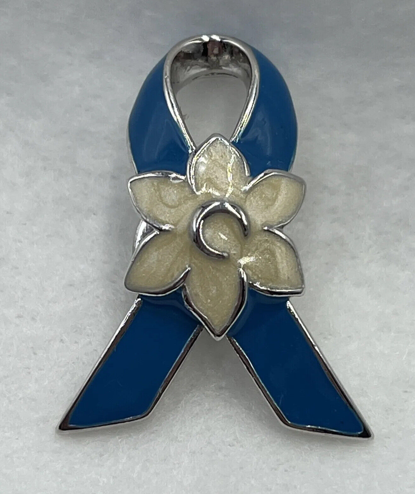Hurricane Katrina White Flower Blue Ribbon Enamel Lapel Pin Hope Help Heal 