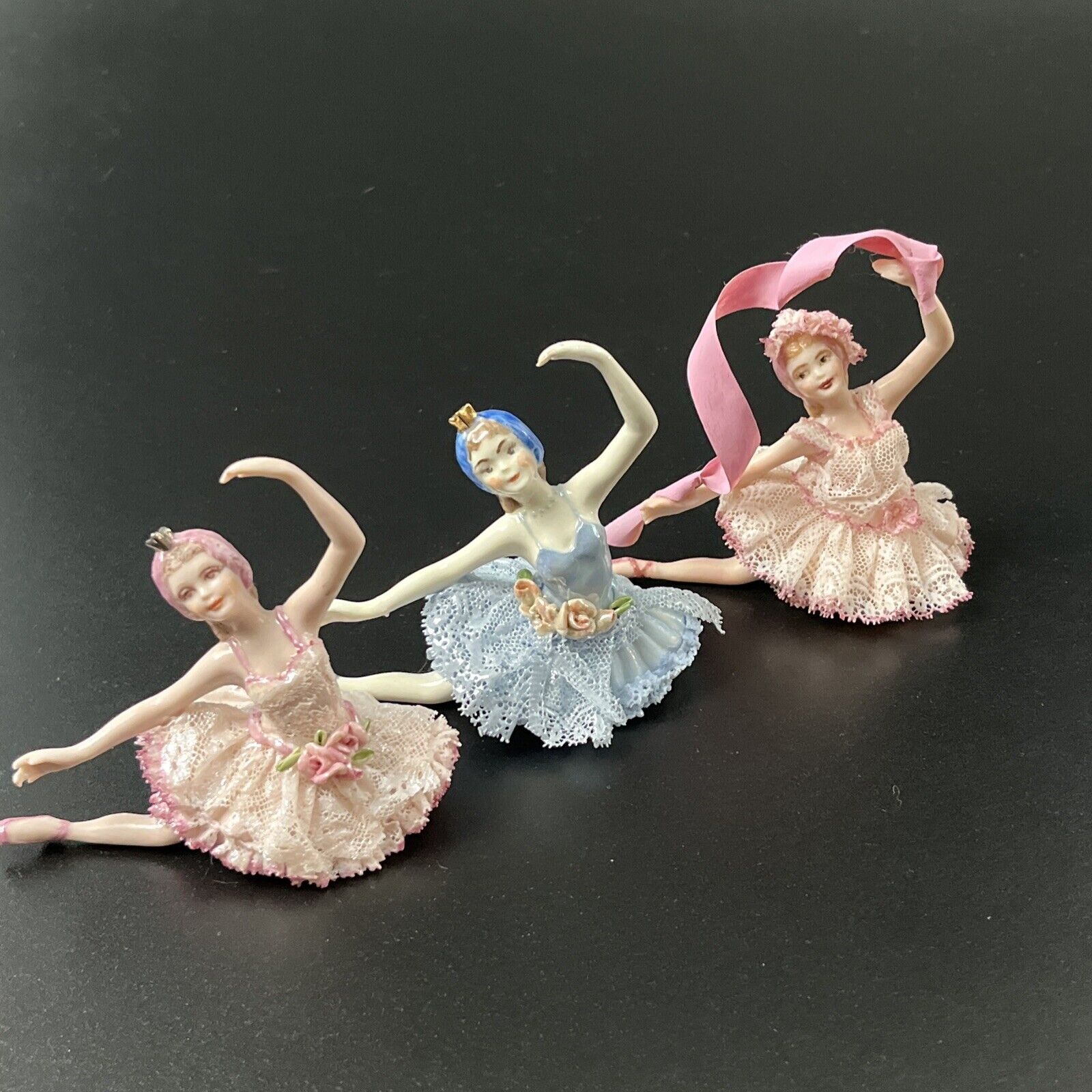 Lot of 3 Vintage Dancing Porcelain Ballerina Figurines Girl Lace Tutu Blue Pink