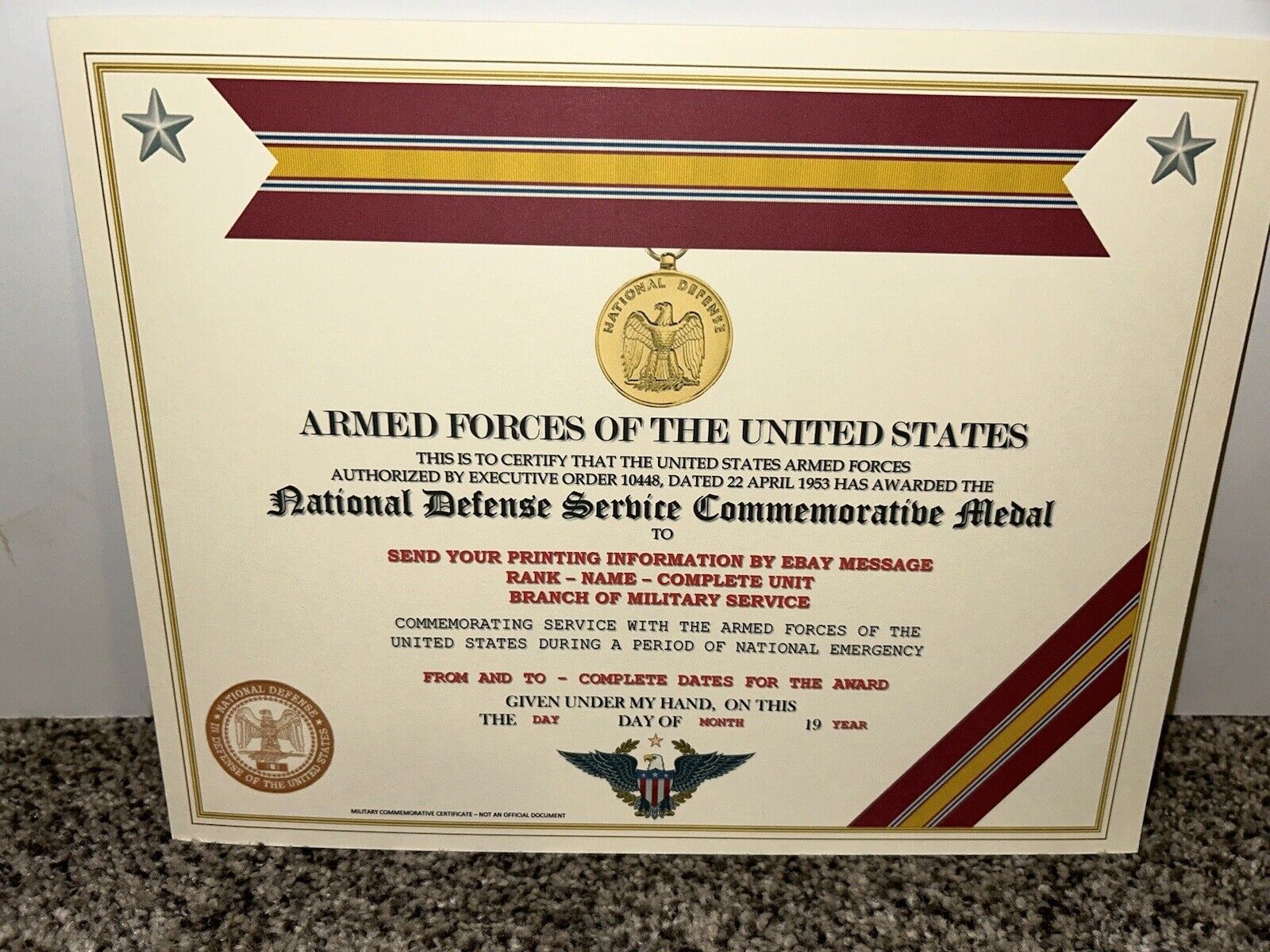 NATIONAL DEFENSE SERVICE MEDAL COMMEMORATIVE CERTIFICATE ~ W/PRINTING TYPE-1